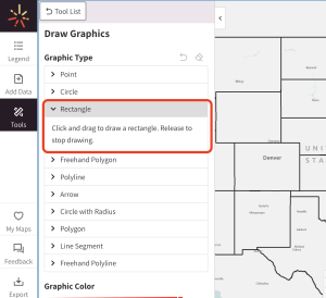 A SparkMap visitor selects "rectangle" from the list of graphic types. Instructions on how to draw a rectangle appear in the left menu. 